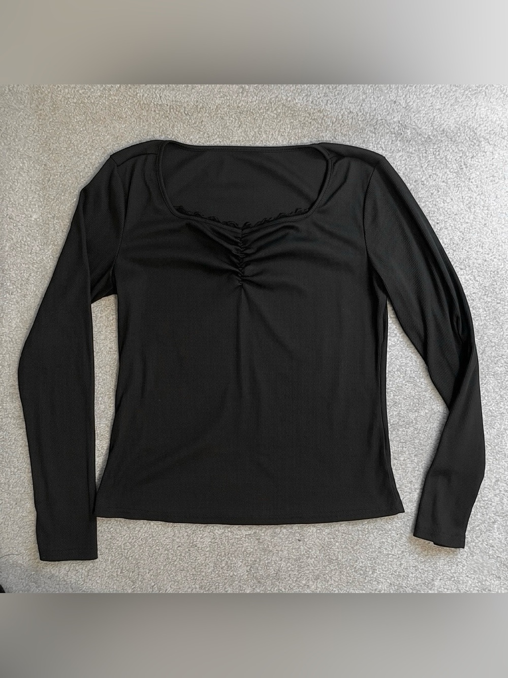 SHEIN Black Ribbed Long Sleeve Ruched Lace-Trim Top
